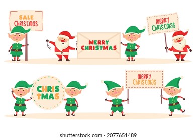 Set of vintage xmas labels, banners with cartoon character of Santa Claus. Large signboard, advertising banner on white background. Merry Christmas greeting card. Vector illustration. 