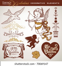 set of vintage-looking design elements for valentines cards