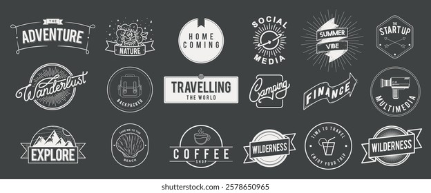 Set of vintage-style badges with themes like adventure, travel, nature, and wilderness. Includes icons for camping, coffee, and social media. Retro design elements. Logo element vector set.