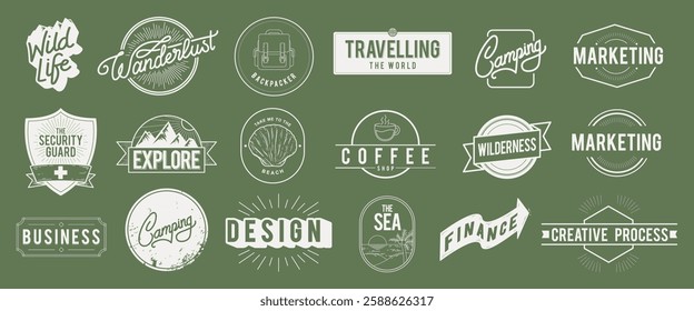 Set of vintage-style badges with themes like camping, marketing, and design. Includes labels for coffee, travel, and business. Retro design elements throughout. Logo element vector set.