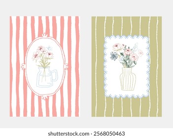 Set of vintage-style floral frames with striped backgrounds. Suitable for wedding invitations, stationery, and decorative prints