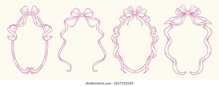 Set of vintage-style frames made of flowing ribbons tied into bows. Coquette aesthetic with delicate curves and soft shapes. Hand-drawn in line art.