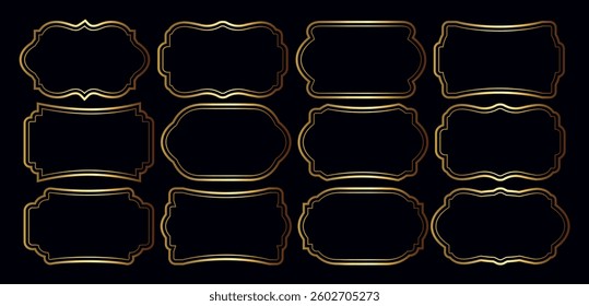 Set of vintage-style golden outline frames on a black background. Perfect for invitations, labels, or luxury designs. Decorative frame. Vector illustration