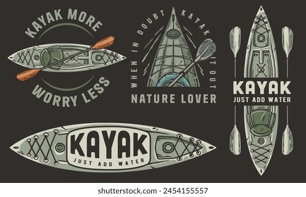 Set of vintage-style kayak adventure emblems featuring paddles and nature themes for outdoor enthusiasts and adventure branding. Set of t-shirt prints for travel, camping, nature hiking and camp.