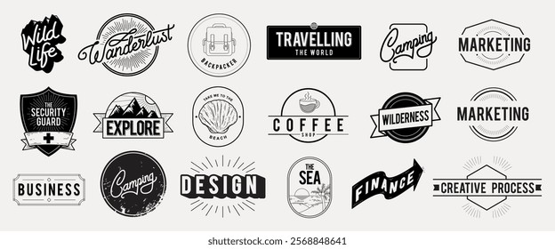 Set of vintage-style logos featuring themes like creative, adventure, startup, and nature. Includes designs for travel, hiking, and social media. Logo element vector set.