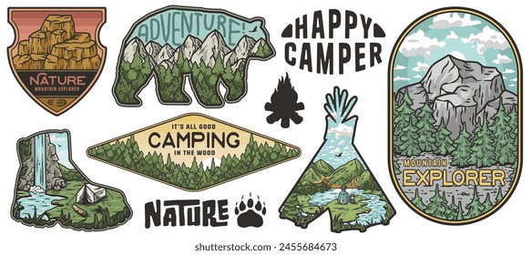 Set von Vintage-Sticker mit Outdoor- und Camping-Themen, einschließlich Berge, Wildtiere und von der Natur inspirierte Rahmen und Formen für Abenteuerliebhaber und Naturliebhaber.