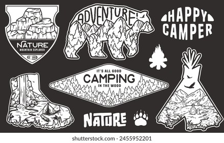 Set of vintage-style stickers featuring outdoor and camping themes, including mountains, wildlife, and nature-inspired frames and shapes for adventure enthusiasts and nature lovers.