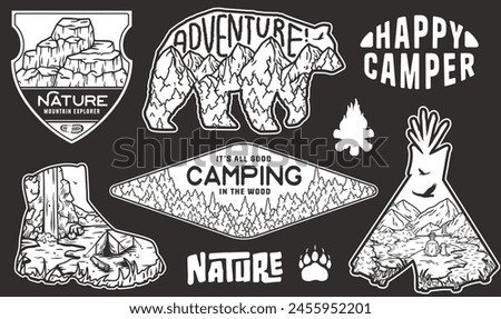 Set of vintage-style stickers featuring outdoor and camping themes, including mountains, wildlife, and nature-inspired frames and shapes for adventure enthusiasts and nature lovers.