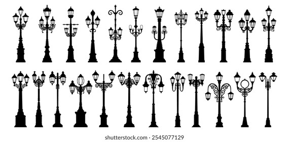 A set of vintage-style street lamp silhouettes in various ornate designs.