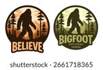 Set of vintage-style vector badges featuring Bigfoot silhouettes in forest landscapes