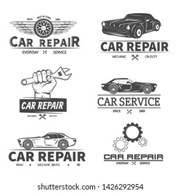 Set of vintahe car repair labels and elements. Vector illustration.