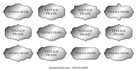 Set of vintge silver frames. Shiny metal retro badge with decorative elements.	