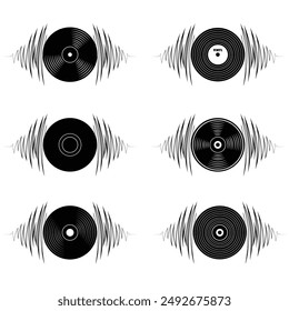 Set of vinyl with beat frequency vector illustration. Sound wave silhouettes