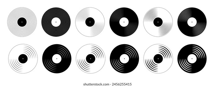 Set of vinyl disc icons. Turntable LP record disks isolated on white background. DJ equipment. 70s 80s 90s discotheque nostalgia symbols. Techno music pictograms. Vector graphic illustration.