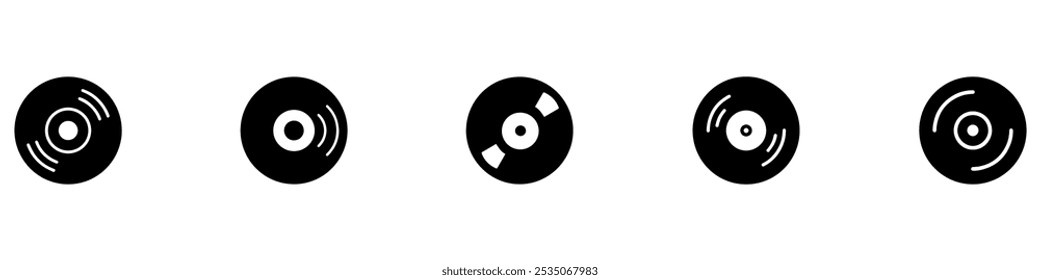 Conjunto de iconos de disco de vinilo. Discos de grabación LP de tocadiscos aislados sobre fondo blanco. Equipo de DJ. 70s 80s 90s discoteca símbolos de nostalgia. Pictogramas de música tecno. Vector ilustración gráfica. EPS 10