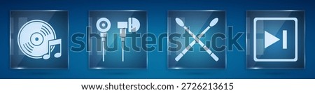 Set Vinyl disk, Air headphones, Drum sticks and Fast forward. Square glass panels. Vector
