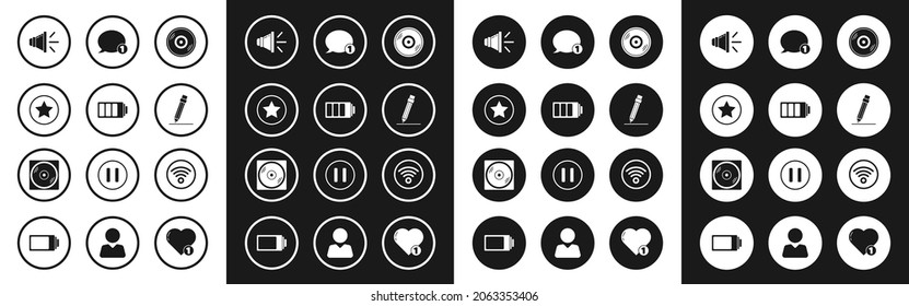 Set Vinyl disk, Battery charge level indicator, Star, Speaker volume, Pencil with eraser, Speech bubble chat, Wi-Fi wireless internet network and  icon. Vector