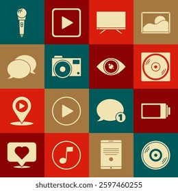 Set Vinyl disk, Battery charge level indicator, Smart Tv, Photo camera, Speech bubble chat, Microphone and Eye icon. Vector