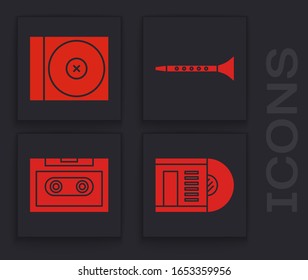 Set Vinyl disk, CD or DVD disk, Clarinet and Retro audio cassette tape icon. Vector