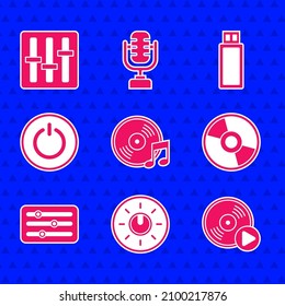 Set Vinyl disk, Dial knob level technology settings, CD or DVD, Sound mixer controller, Power button, USB flash drive and  icon. Vector