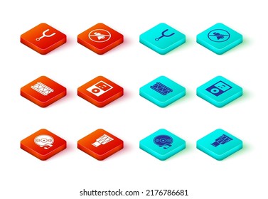 Set Vinyl disk, Drum, Music player, Speaker mute and Musical tuning fork icon. Vector