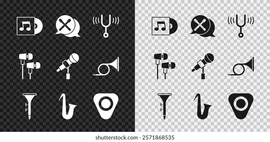 Set Vinyl disk, Drum sticks, Musical tuning fork, and drum, instrument saxophone, Guitar pick, Air headphones and Microphone icon. Vector