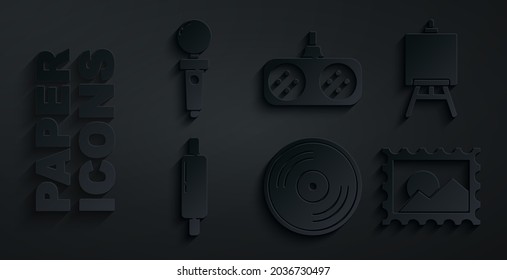 Set Vinyl disk, Easel or painting art boards, Rolling pin, Postal stamp, Gamepad and Joystick for arcade machine icon. Vector