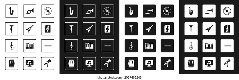 Set Vinyl disk, Electric bass guitar, Drum and drum sticks, Musical instrument saxophone, Treble clef, Trumpet,  and Guitar icon. Vector