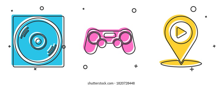 Set Vinyl disk, Gamepad and Digital media play with location icon. Vector
