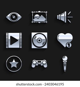 Set Vinyl disk, Gamepad, Microphone, Like and heart, Star, Play Video, Speaker volume and Eye icon. Vector