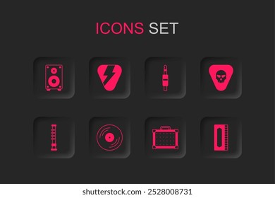 Set Vinyl disk, Guitar pick, Stereo speaker, amplifier, Harmonica, Audio jack and Flute icon. Vector