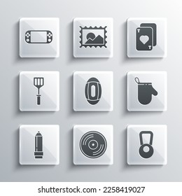 Set Vinyl disk, Kettlebell, Oven glove, American Football ball, Pencil with eraser, Spatula, Portable video game console and Playing cards icon. Vector
