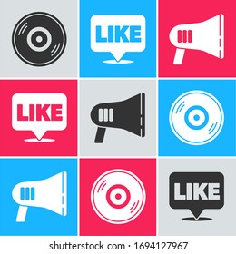 Set Vinyl disk, Like in speech bubble and Megaphone icon. Vector