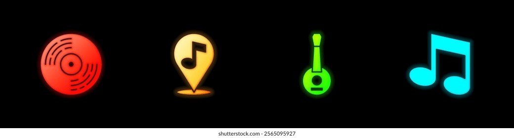 Set Vinyl disk, Location musical note, Banjo and Music tone icon. Vector