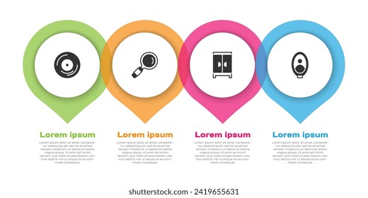 Set Vinyl disk, Magnifying glass, Wardrobe and Portrait picture museum. Business infographic template. Vector