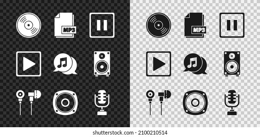 Set Vinyl disk, MP3 file document, Pause button, Air headphones, Stereo speaker, Microphone, Play square and Musical note speech bubble icon. Vector