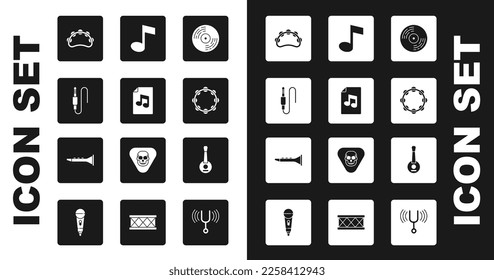 Set Vinyl disk, Music book with note, Audio jack, Tambourine, tone, Banjo and Clarinet icon. Vector