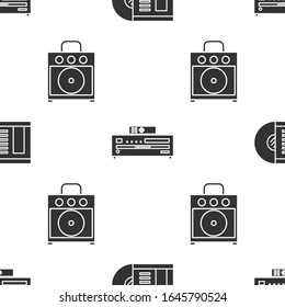 Set Vinyl disk, Music CD player and Guitar amplifier on seamless pattern. Vector