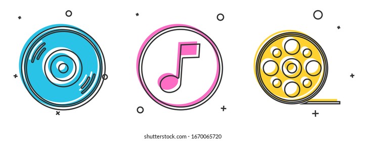 Set Vinyl disk, Music note, tone and Film reel icon. Vector