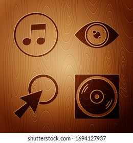 Vinyl-Platte, Musiknote, Ton, Pfeil-Cursor und Auge auf Holzhintergrund setzen. Vektorillustration