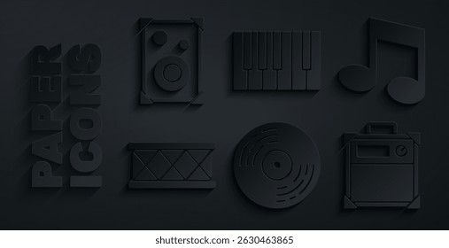 Set Vinyl disk, Music note, tone, Drum, Guitar amplifier, Grand piano and Stereo speaker icon. Vector