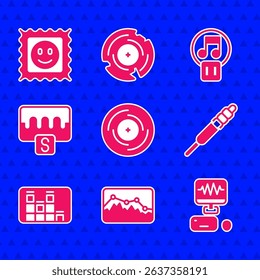 Set Vinyl disk, Music wave equalizer, recording studio, Audio jack, Pause button and LSD acid mark icon. Vector