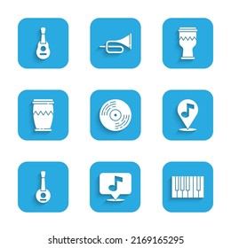 Set Vinyl disk, Musical note, Grand piano, Location musical, Banjo, Drum,  and Guitar icon. Vector