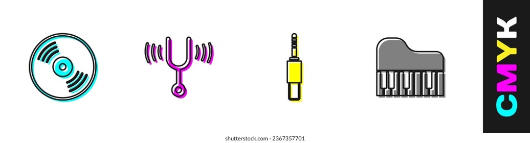Set Vinyl disk, Musical tuning fork, Audio jack and Grand piano icon. Vector