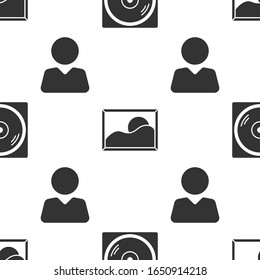 Set Vinyl disk, Picture landscape and Add to friend on seamless pattern. Vector