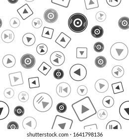 Set Vinyl disk, Play in square, Play in circle and Rewind on seamless pattern. Vector