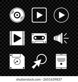 Definir disco de vinil, Reproduzir quadrado, círculo, Disquete para armazenamento de dados do computador, Cursor de seta, Tablet, Vídeo e Retro ícone de fita cassete de áudio. Vetor