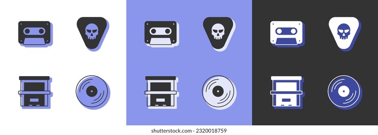 Set Vinyl disk, Retro audio cassette tape, Piano and Guitar pick icon. Vector