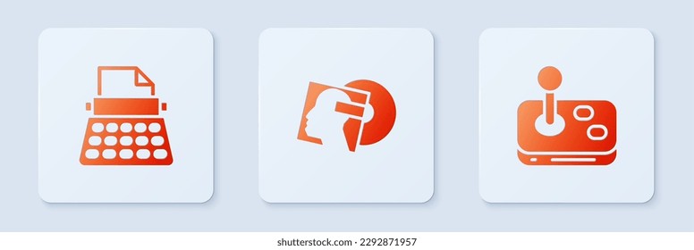 Set Vinyl disk, Retro typewriter and Joystick. White square button. Vector