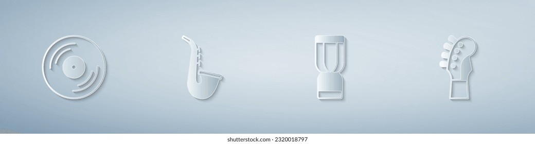 Set Vinyl disk, Saxophone, African djembe drum and Guitar neck. Paper art style. Vector